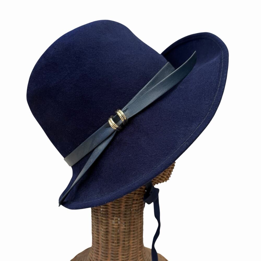 Vintage 1950’s Navy Felt Slouch Hat With Chin Ribbon Ties, Paris Boutique